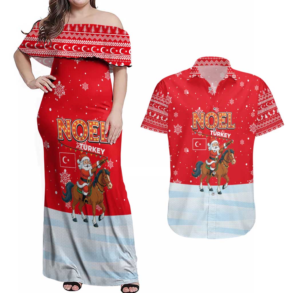 Turkey Christmas Couples Matching Off Shoulder Maxi Dress and Hawaiian Shirt with Santa on Horse Red Snowflake Pattern and Crescent Star - Wonder Print Shop