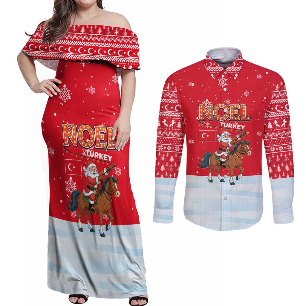 Turkey Christmas Couples Matching Off Shoulder Maxi Dress and Long Sleeve Button Shirt with Santa on Horse Red Snowflake Pattern and Crescent Star - Wonder Print Shop