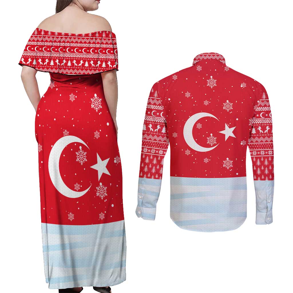 Turkey Christmas Couples Matching Off Shoulder Maxi Dress and Long Sleeve Button Shirt with Santa on Horse Red Snowflake Pattern and Crescent Star - Wonder Print Shop