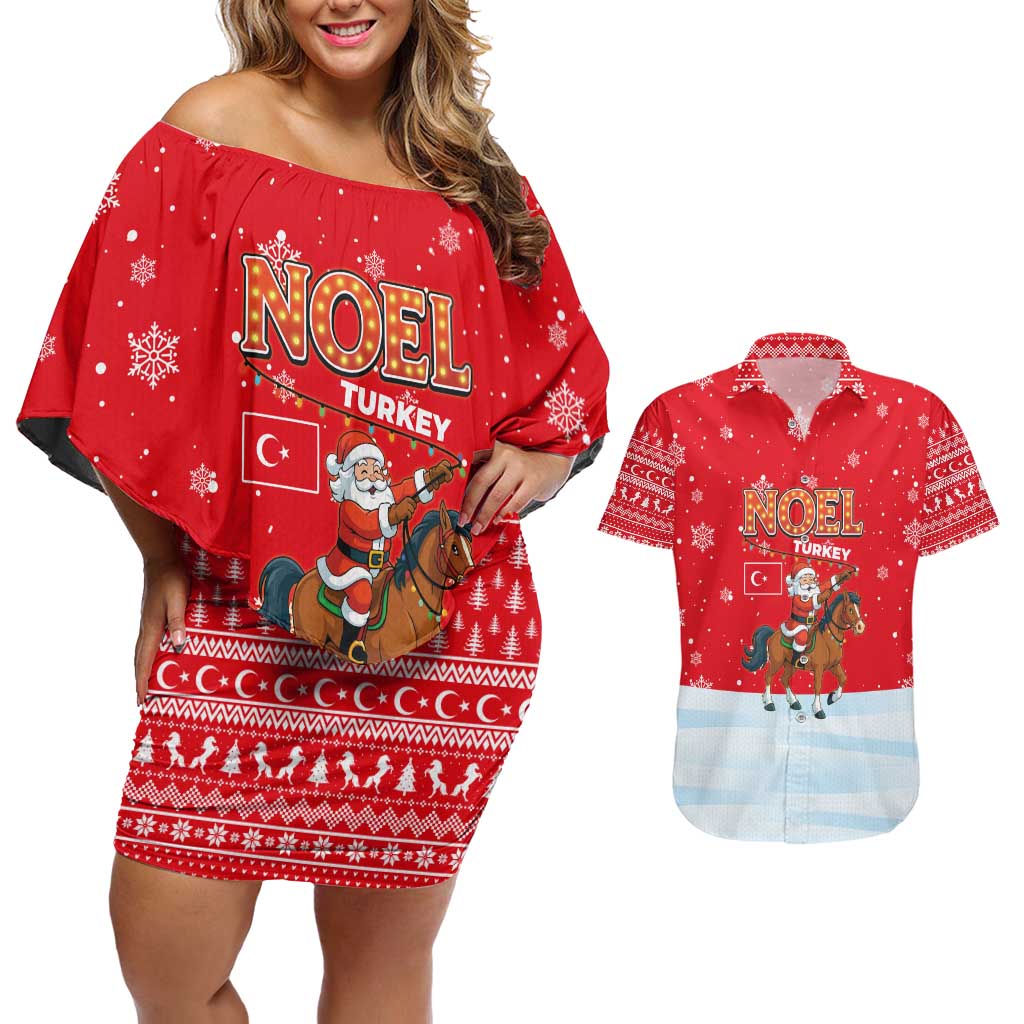 Turkey Christmas Couples Matching Off Shoulder Short Dress and Hawaiian Shirt with Santa on Horse Red Snowflake Pattern and Crescent Star - Wonder Print Shop