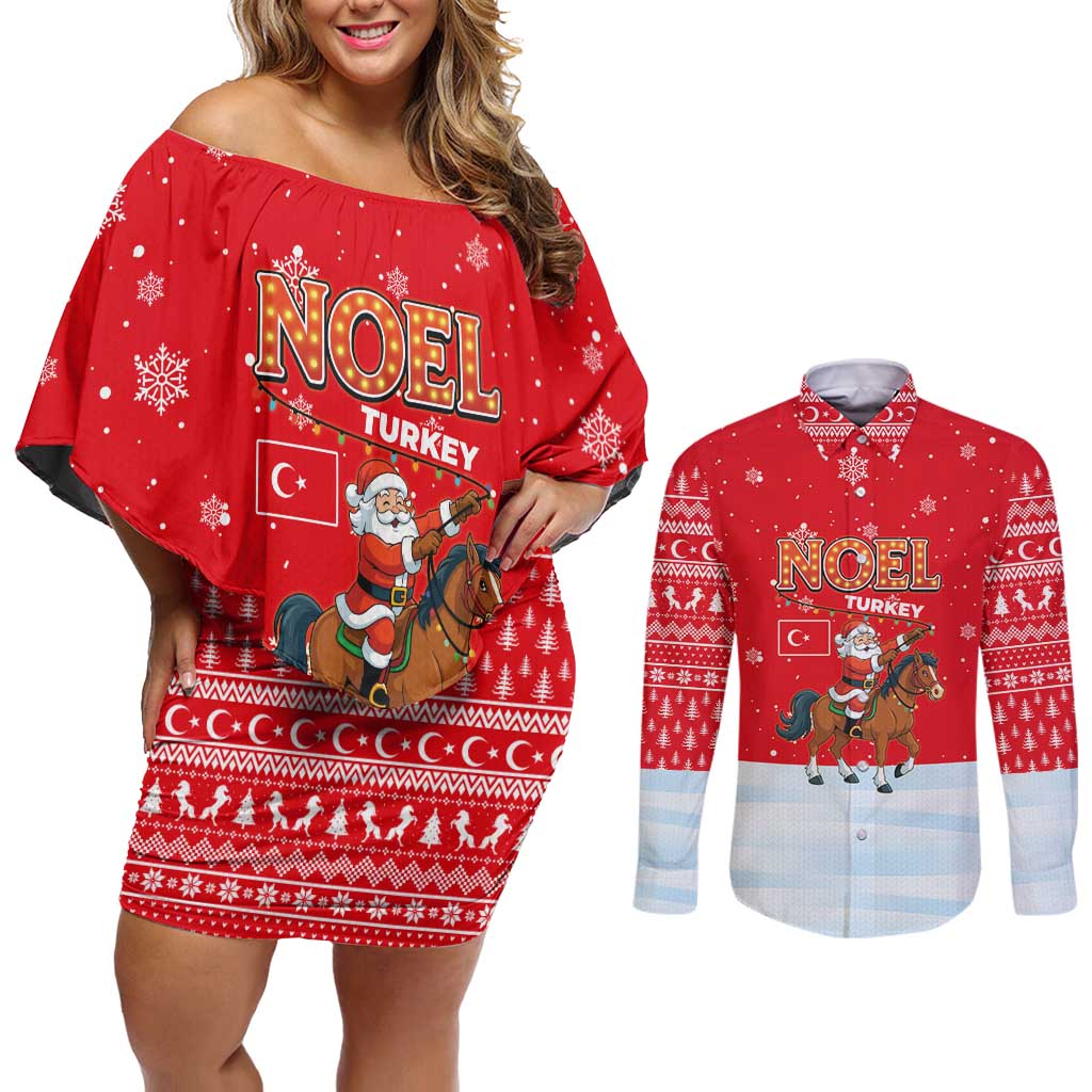 Turkey Christmas Couples Matching Off Shoulder Short Dress and Long Sleeve Button Shirt with Santa on Horse Red Snowflake Pattern and Crescent Star - Wonder Print Shop