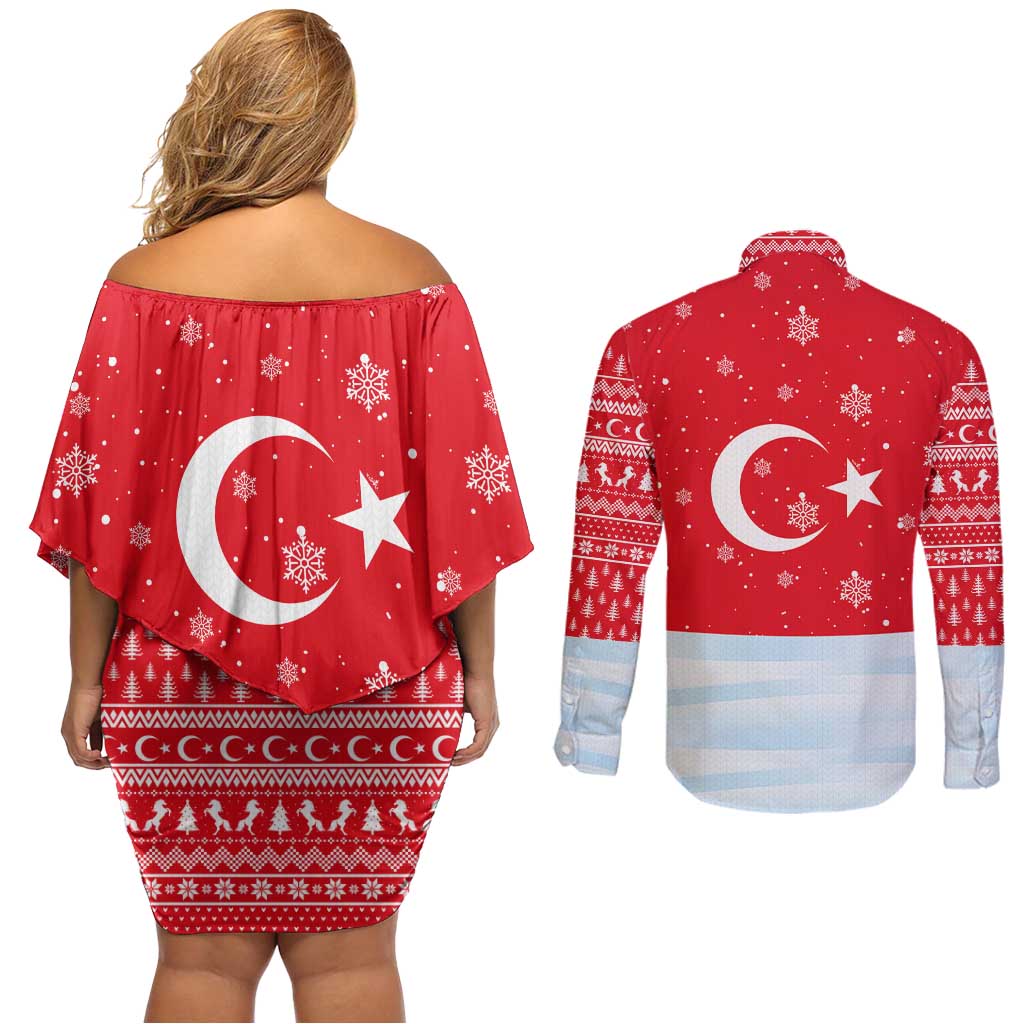 Turkey Christmas Couples Matching Off Shoulder Short Dress and Long Sleeve Button Shirt with Santa on Horse Red Snowflake Pattern and Crescent Star - Wonder Print Shop