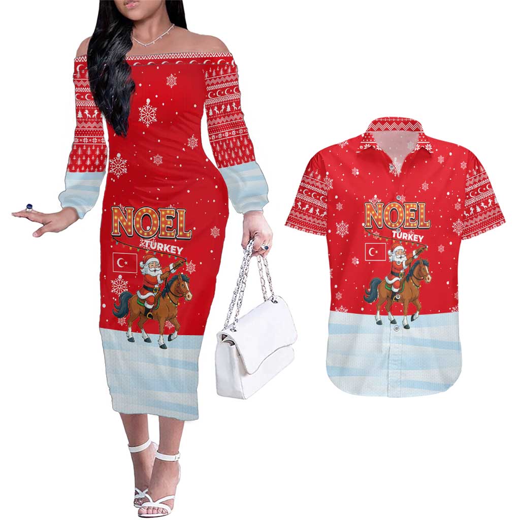 Turkey Christmas Couples Matching Off The Shoulder Long Sleeve Dress and Hawaiian Shirt with Santa on Horse Red Snowflake Pattern and Crescent Star - Wonder Print Shop