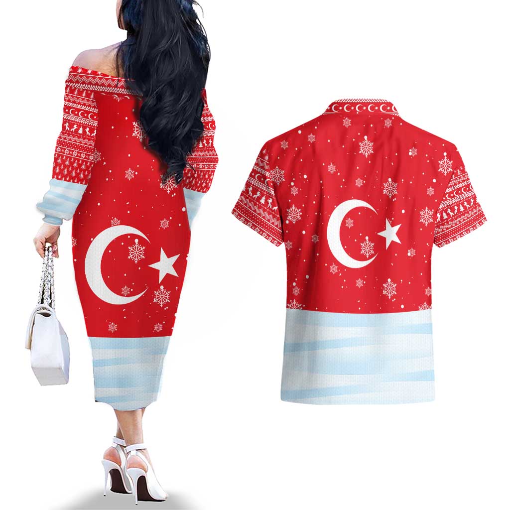 Turkey Christmas Couples Matching Off The Shoulder Long Sleeve Dress and Hawaiian Shirt with Santa on Horse Red Snowflake Pattern and Crescent Star - Wonder Print Shop