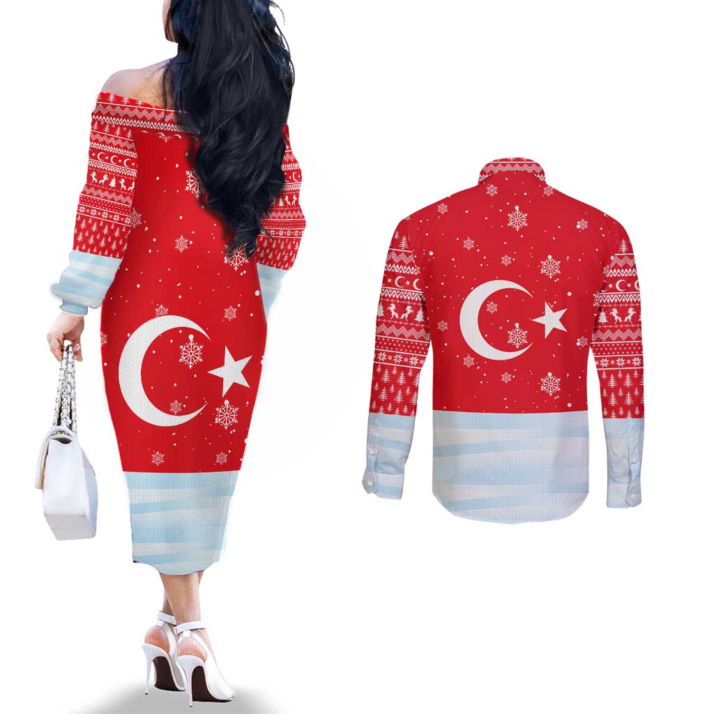 Turkey Christmas Couples Matching Off The Shoulder Long Sleeve Dress and Long Sleeve Button Shirt with Santa on Horse Red Snowflake Pattern and Crescent Star - Wonder Print Shop