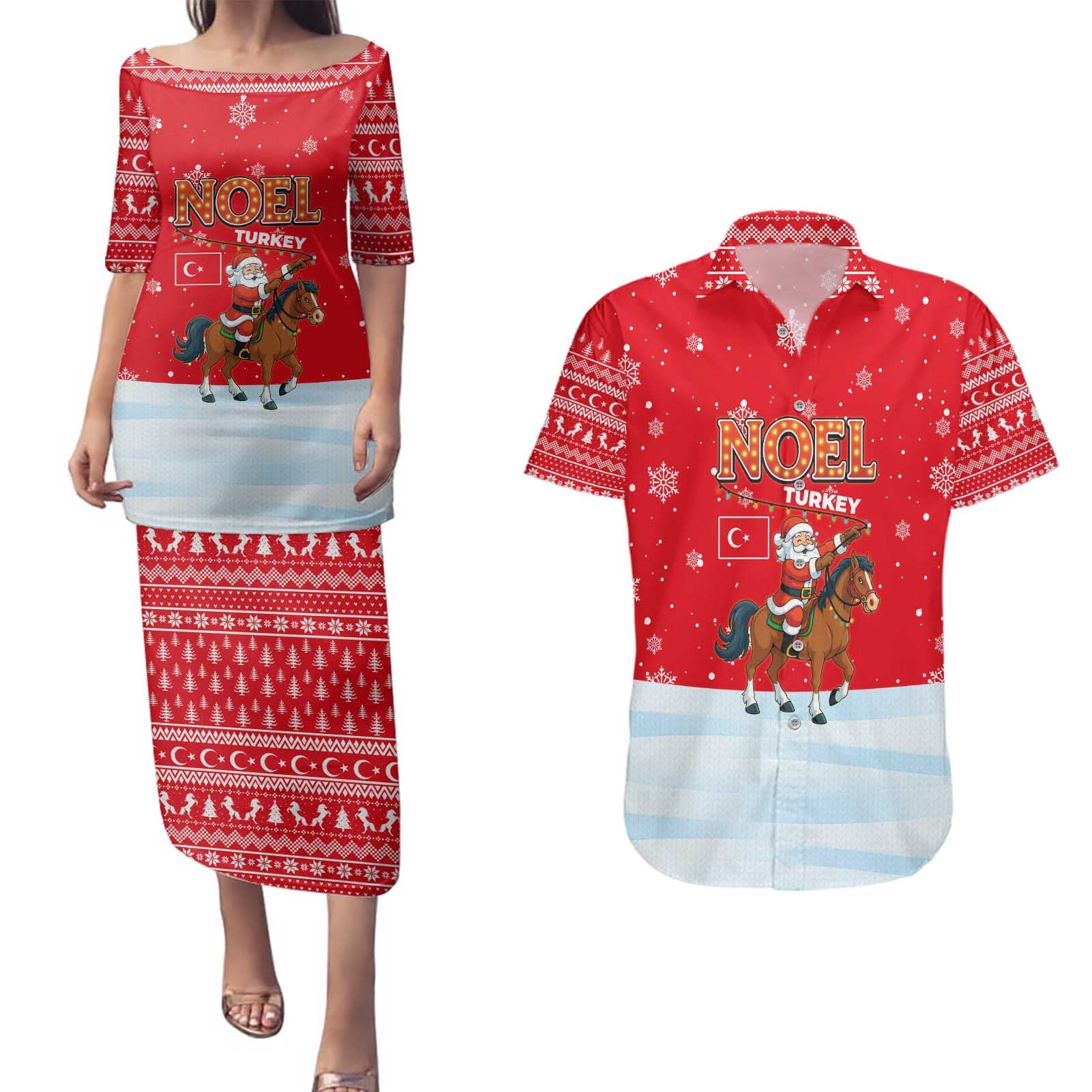 Turkey Christmas Couples Matching Puletasi and Hawaiian Shirt with Santa on Horse Red Snowflake Pattern and Crescent Star - Wonder Print Shop