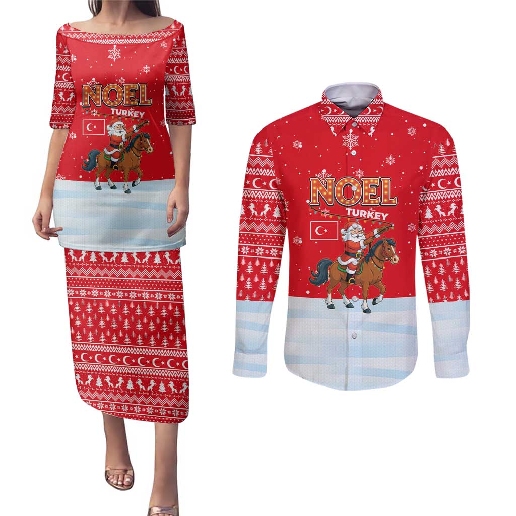 Turkey Christmas Couples Matching Puletasi and Long Sleeve Button Shirt with Santa on Horse Red Snowflake Pattern and Crescent Star - Wonder Print Shop