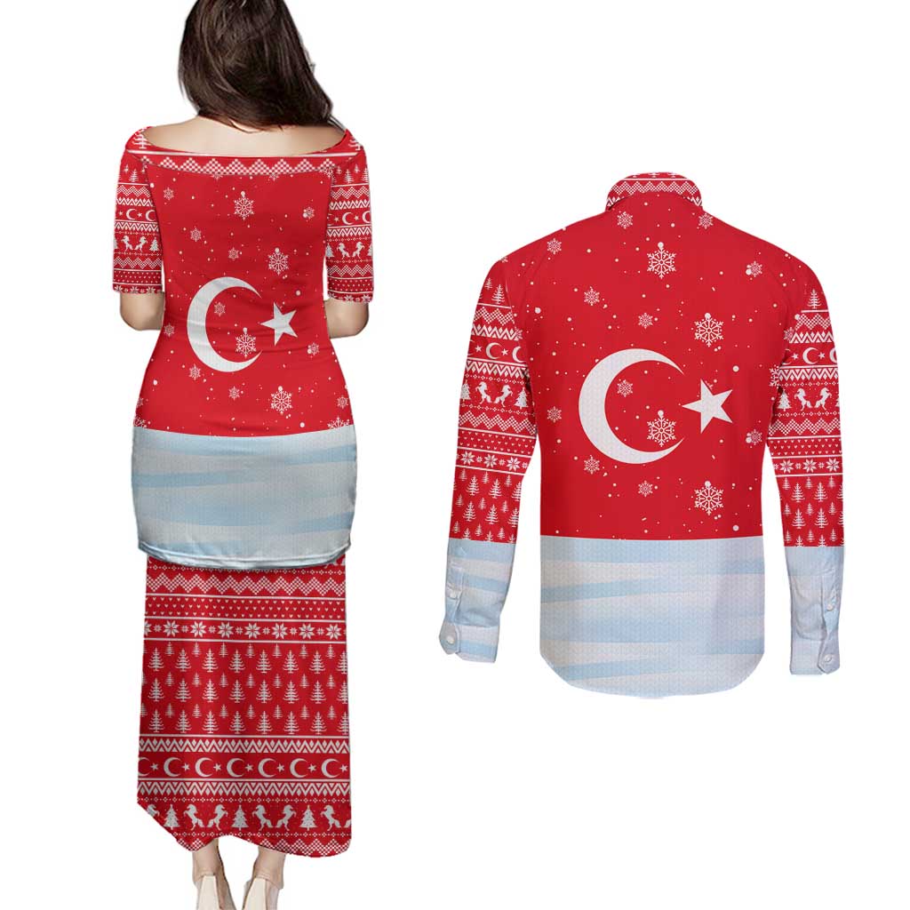 Turkey Christmas Couples Matching Puletasi and Long Sleeve Button Shirt with Santa on Horse Red Snowflake Pattern and Crescent Star - Wonder Print Shop