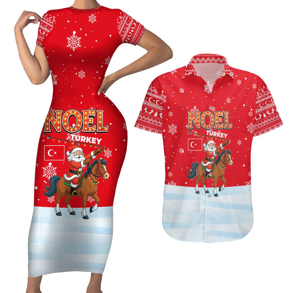 Turkey Christmas Couples Matching Short Sleeve Bodycon Dress and Hawaiian Shirt with Santa on Horse Red Snowflake Pattern and Crescent Star - Wonder Print Shop