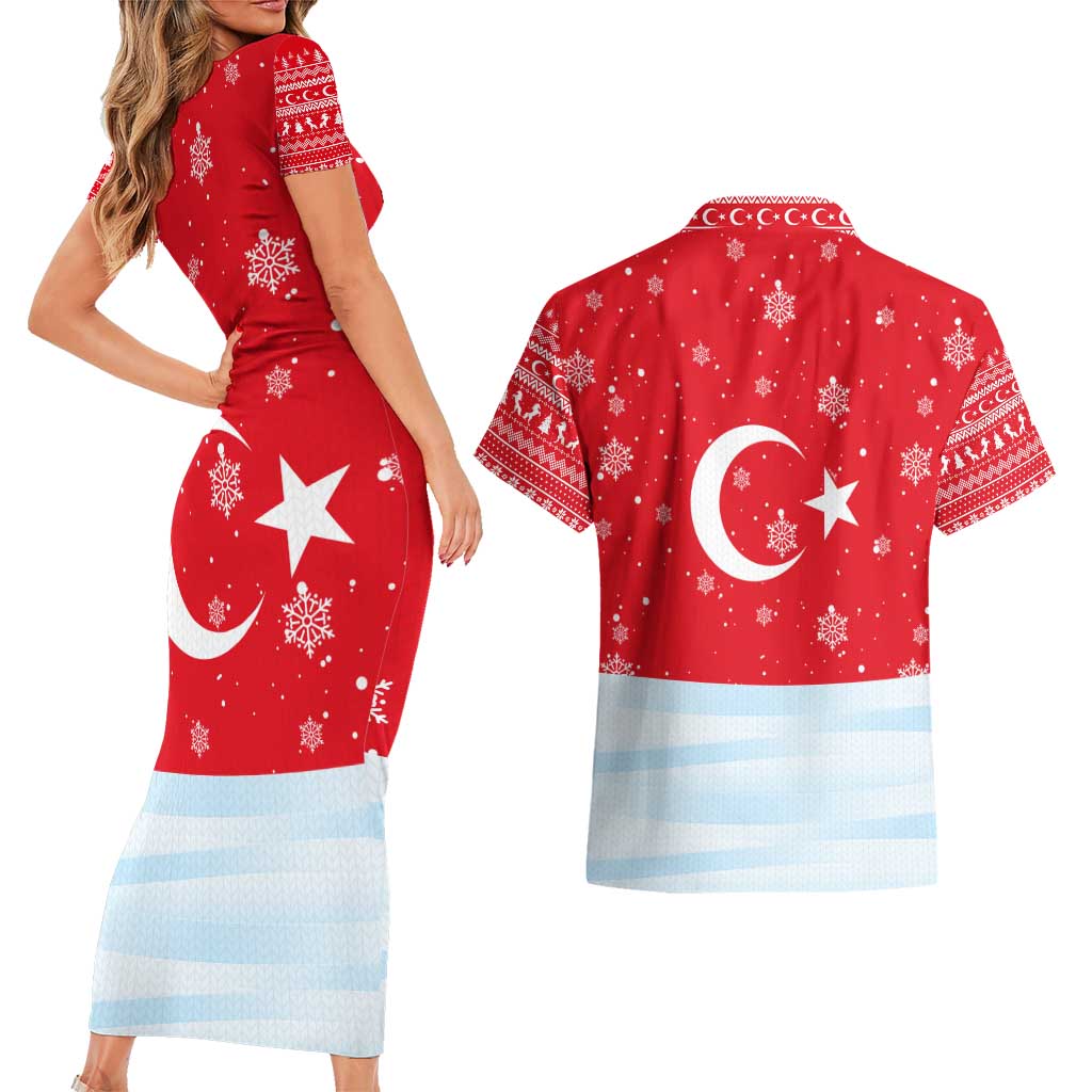 Turkey Christmas Couples Matching Short Sleeve Bodycon Dress and Hawaiian Shirt with Santa on Horse Red Snowflake Pattern and Crescent Star - Wonder Print Shop