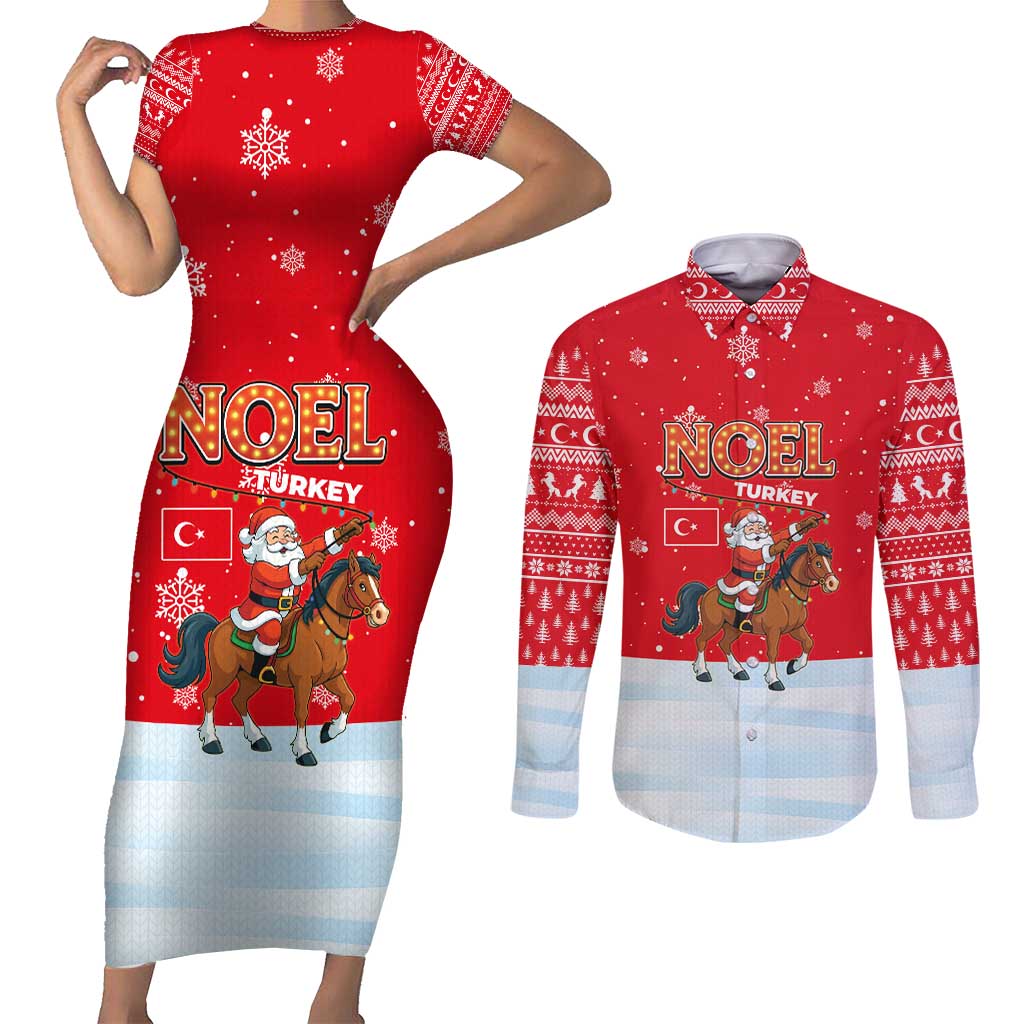 Turkey Christmas Couples Matching Short Sleeve Bodycon Dress and Long Sleeve Button Shirt with Santa on Horse Red Snowflake Pattern and Crescent Star - Wonder Print Shop