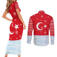 Turkey Christmas Couples Matching Short Sleeve Bodycon Dress and Long Sleeve Button Shirt with Santa on Horse Red Snowflake Pattern and Crescent Star - Wonder Print Shop