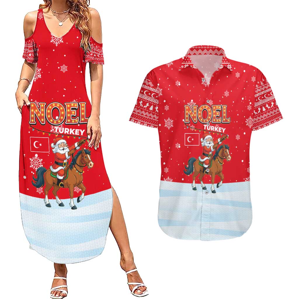Turkey Christmas Couples Matching Summer Maxi Dress and Hawaiian Shirt with Santa on Horse Red Snowflake Pattern and Crescent Star - Wonder Print Shop