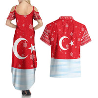 Turkey Christmas Couples Matching Summer Maxi Dress and Hawaiian Shirt with Santa on Horse Red Snowflake Pattern and Crescent Star - Wonder Print Shop