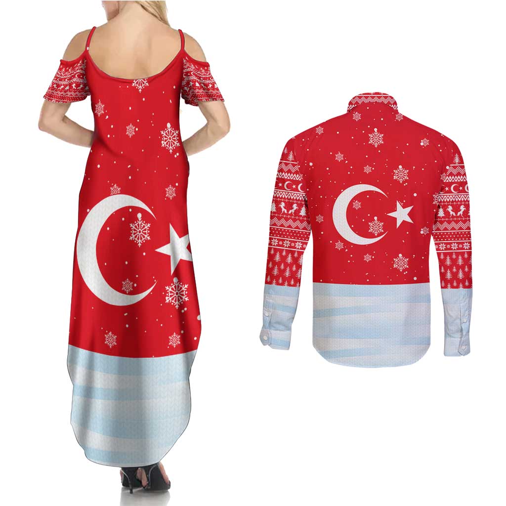 Turkey Christmas Couples Matching Summer Maxi Dress and Long Sleeve Button Shirt with Santa on Horse Red Snowflake Pattern and Crescent Star - Wonder Print Shop