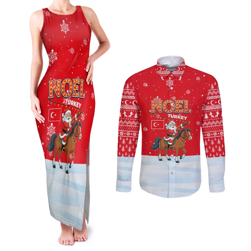 Turkey Christmas Couples Matching Tank Maxi Dress and Long Sleeve Button Shirt with Santa on Horse Red Snowflake Pattern and Crescent Star - Wonder Print Shop