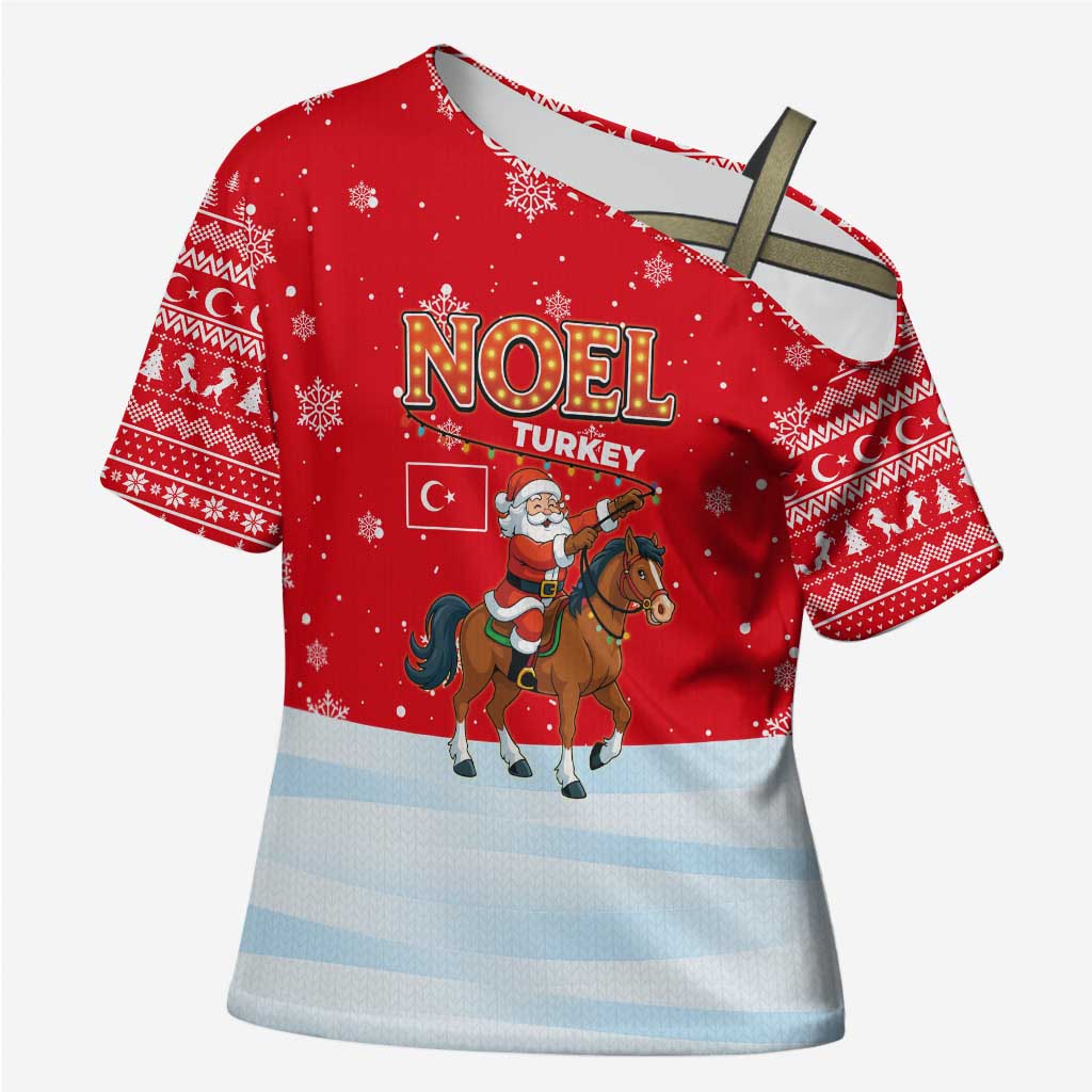 Turkey Christmas Cross Shoulder Shirt with Santa on Horse Red Snowflake Pattern and Crescent Star - Wonder Print Shop