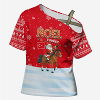 Turkey Christmas Cross Shoulder Shirt with Santa on Horse Red Snowflake Pattern and Crescent Star - Wonder Print Shop