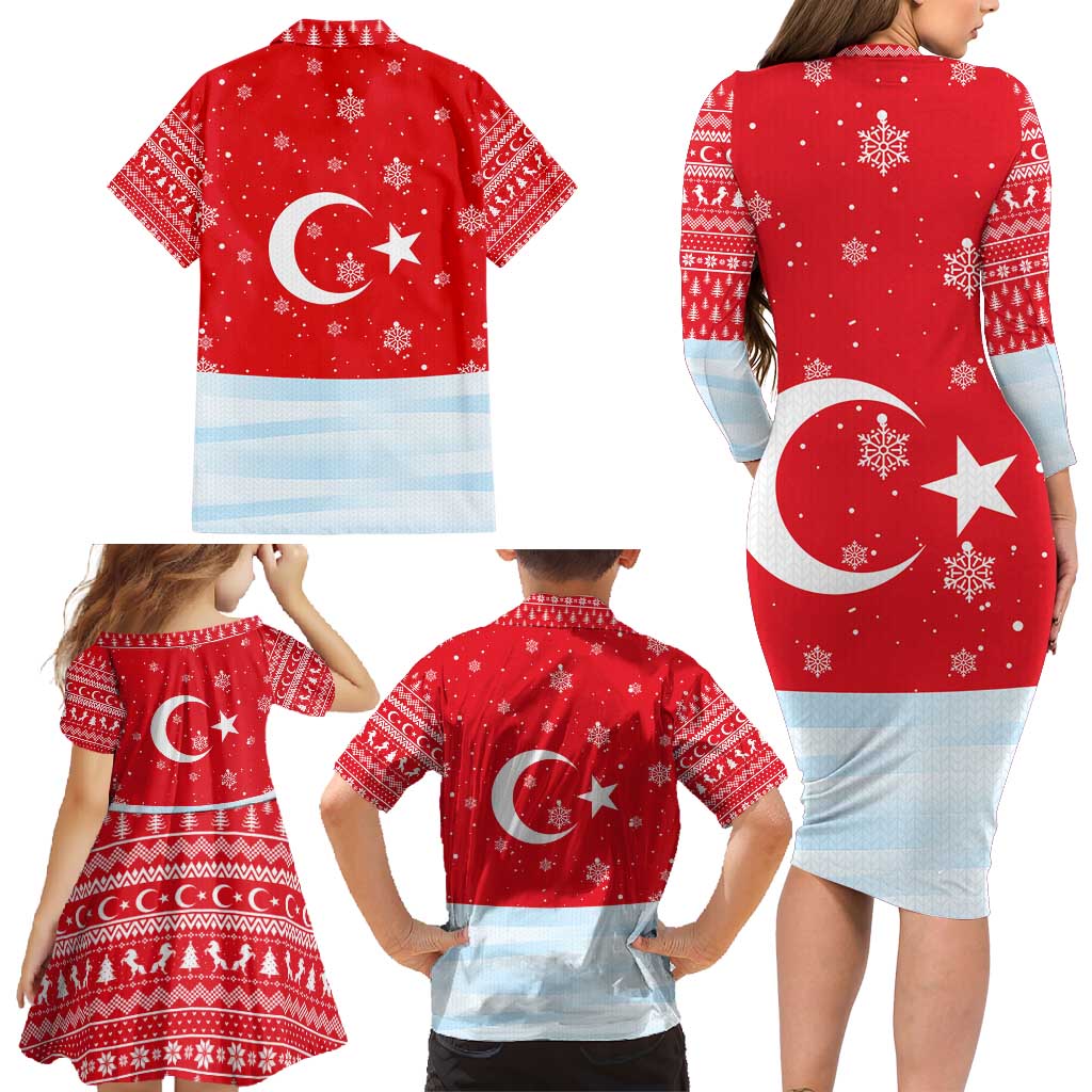Turkey Christmas Family Matching Long Sleeve Bodycon Dress and Hawaiian Shirt with Santa on Horse Red Snowflake Pattern and Crescent Star - Wonder Print Shop