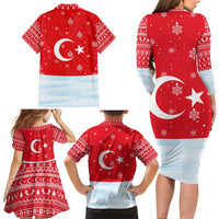 Turkey Christmas Family Matching Long Sleeve Bodycon Dress and Hawaiian Shirt with Santa on Horse Red Snowflake Pattern and Crescent Star - Wonder Print Shop