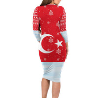 Turkey Christmas Family Matching Long Sleeve Bodycon Dress and Hawaiian Shirt with Santa on Horse Red Snowflake Pattern and Crescent Star - Wonder Print Shop