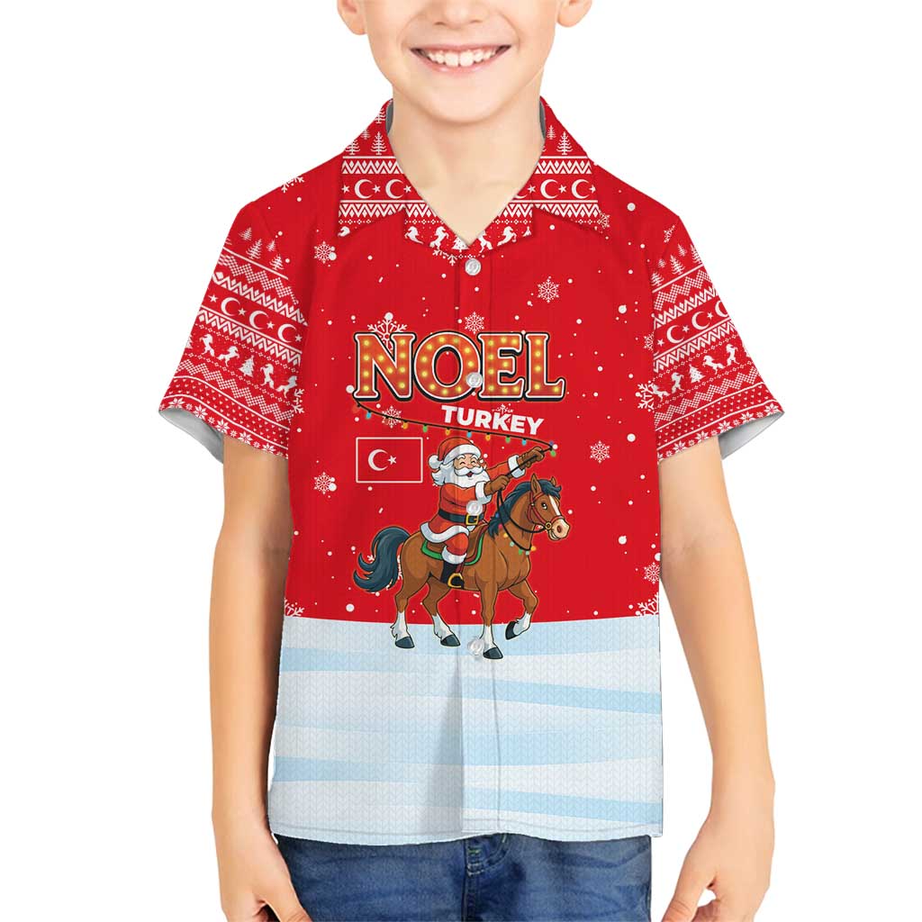 Turkey Christmas Family Matching Long Sleeve Bodycon Dress and Hawaiian Shirt with Santa on Horse Red Snowflake Pattern and Crescent Star - Wonder Print Shop