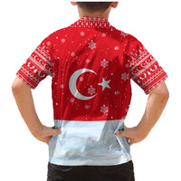 Turkey Christmas Family Matching Mermaid Dress and Hawaiian Shirt with Santa on Horse Red Snowflake Pattern and Crescent Star - Wonder Print Shop