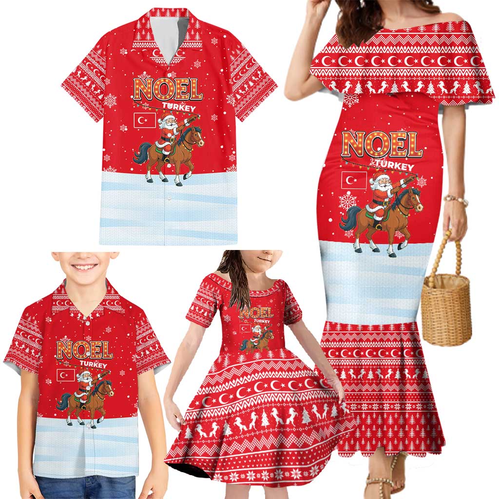 Turkey Christmas Family Matching Mermaid Dress and Hawaiian Shirt with Santa on Horse Red Snowflake Pattern and Crescent Star - Wonder Print Shop