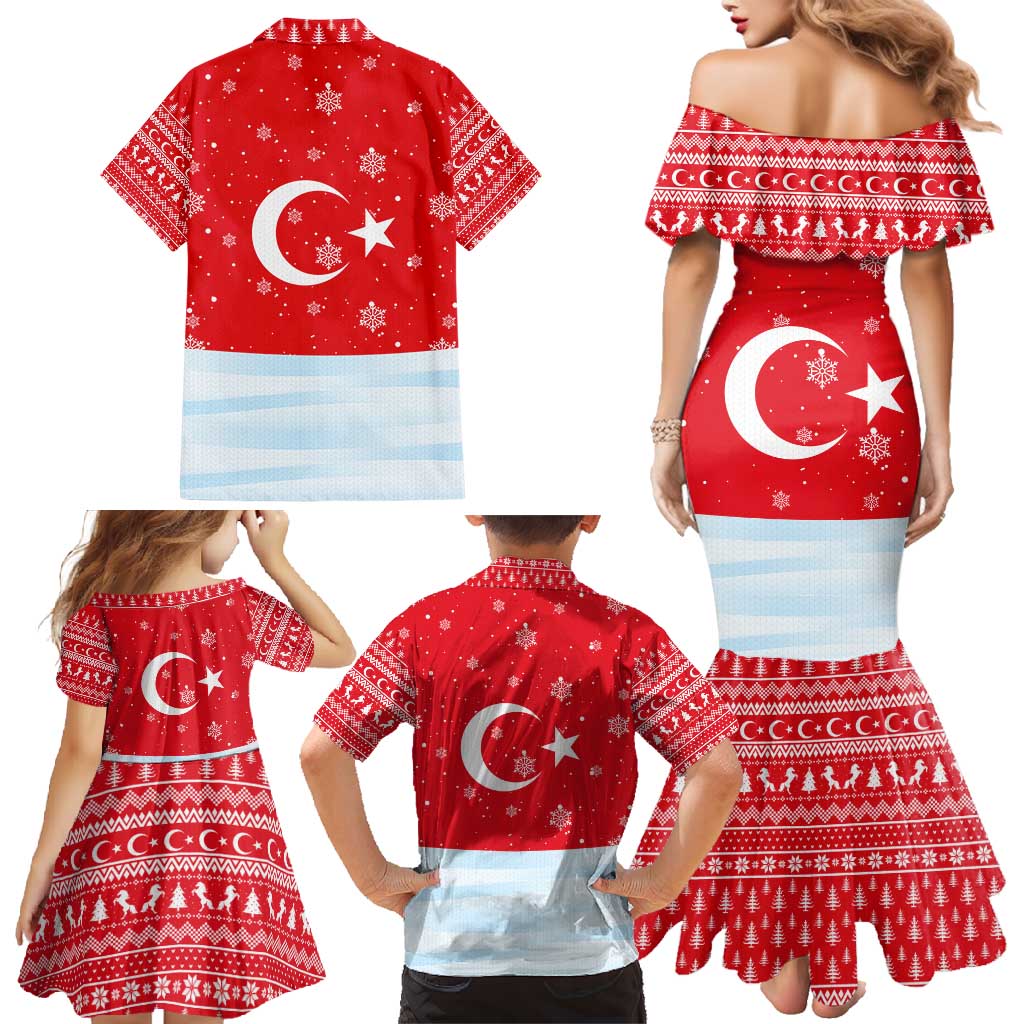 Turkey Christmas Family Matching Mermaid Dress and Hawaiian Shirt with Santa on Horse Red Snowflake Pattern and Crescent Star - Wonder Print Shop
