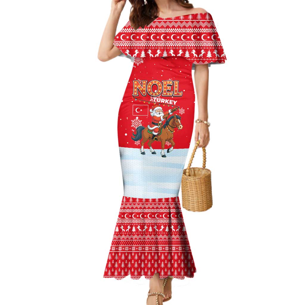 Turkey Christmas Family Matching Mermaid Dress and Hawaiian Shirt with Santa on Horse Red Snowflake Pattern and Crescent Star - Wonder Print Shop