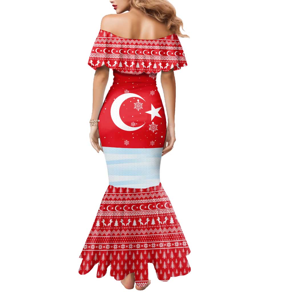 Turkey Christmas Family Matching Mermaid Dress and Hawaiian Shirt with Santa on Horse Red Snowflake Pattern and Crescent Star - Wonder Print Shop