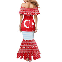 Turkey Christmas Family Matching Mermaid Dress and Hawaiian Shirt with Santa on Horse Red Snowflake Pattern and Crescent Star - Wonder Print Shop