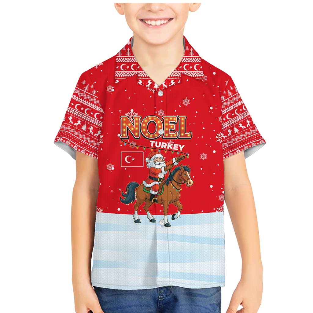 Turkey Christmas Family Matching Mermaid Dress and Hawaiian Shirt with Santa on Horse Red Snowflake Pattern and Crescent Star - Wonder Print Shop
