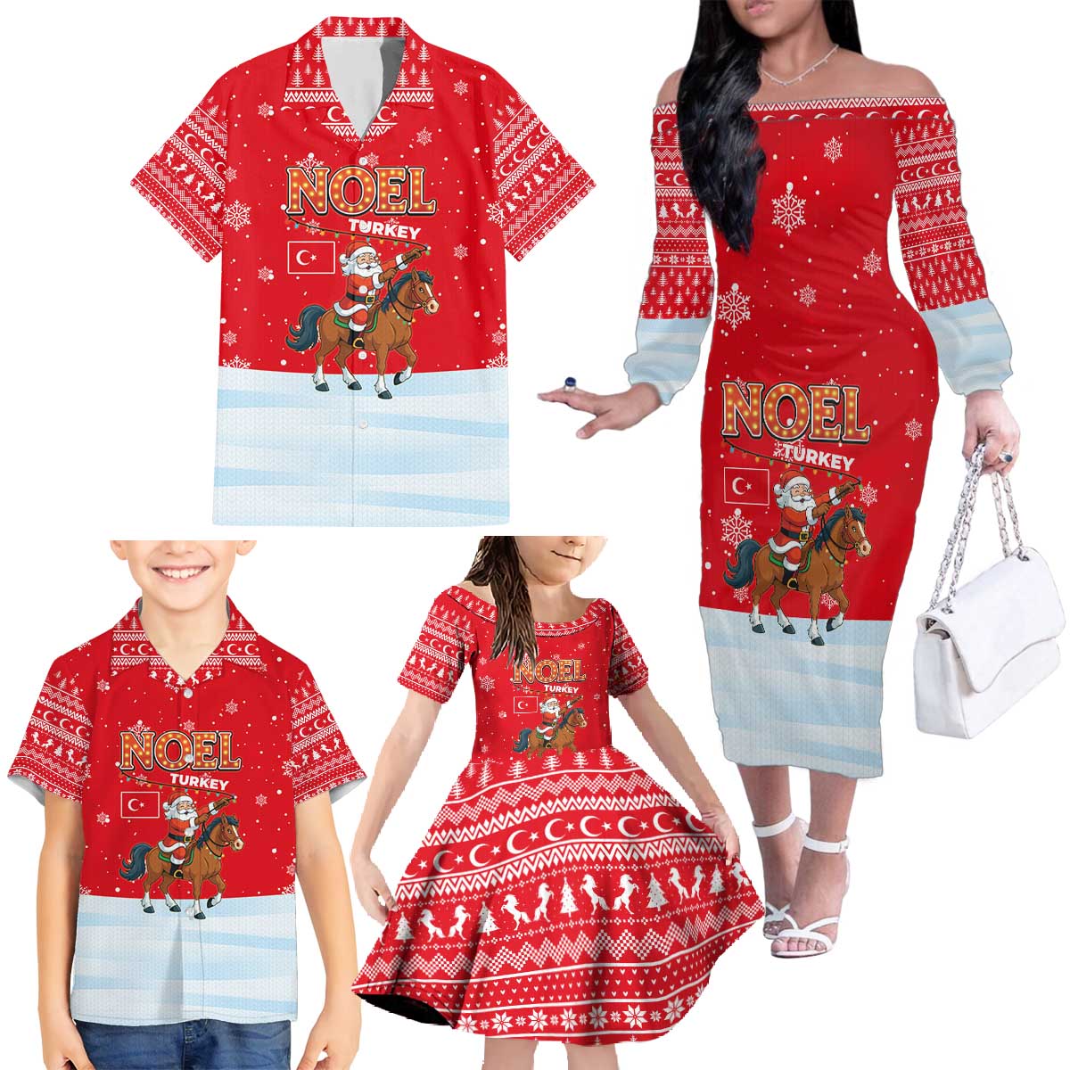 Turkey Christmas Family Matching Off The Shoulder Long Sleeve Dress and Hawaiian Shirt with Santa on Horse Red Snowflake Pattern and Crescent Star - Wonder Print Shop