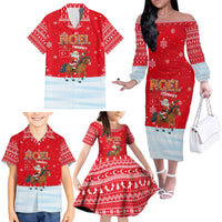 Turkey Christmas Family Matching Off The Shoulder Long Sleeve Dress and Hawaiian Shirt with Santa on Horse Red Snowflake Pattern and Crescent Star - Wonder Print Shop