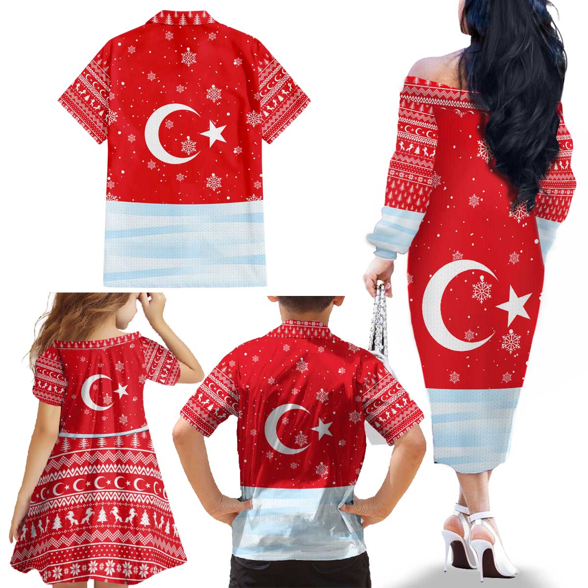 Turkey Christmas Family Matching Off The Shoulder Long Sleeve Dress and Hawaiian Shirt with Santa on Horse Red Snowflake Pattern and Crescent Star - Wonder Print Shop