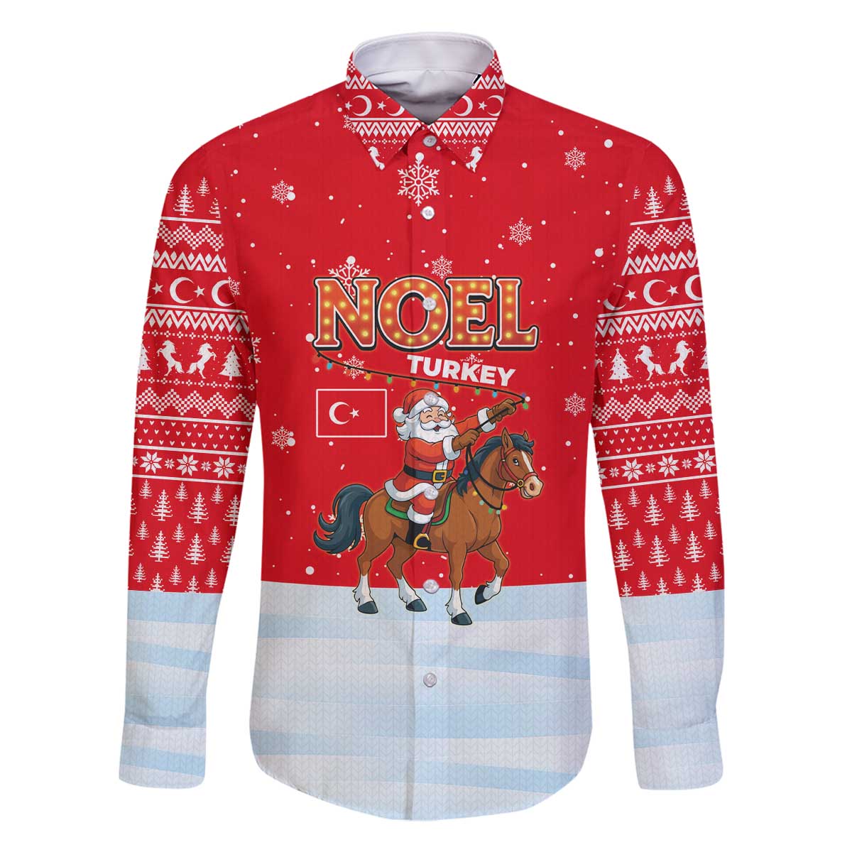 Turkey Christmas Family Matching Off The Shoulder Long Sleeve Dress and Hawaiian Shirt with Santa on Horse Red Snowflake Pattern and Crescent Star - Wonder Print Shop