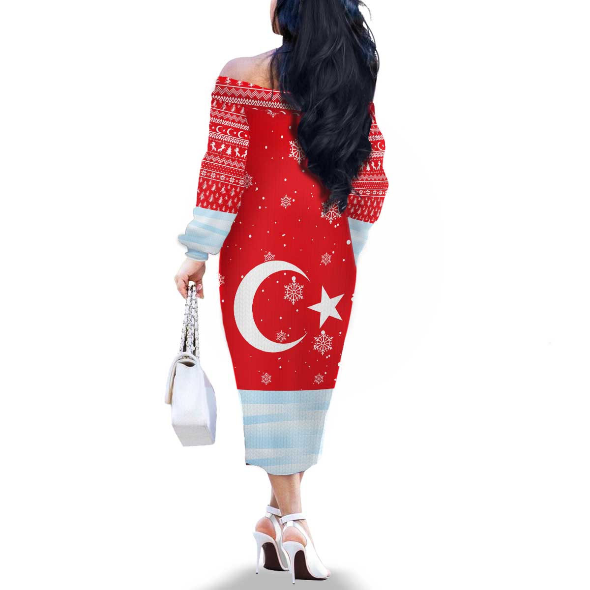Turkey Christmas Family Matching Off The Shoulder Long Sleeve Dress and Hawaiian Shirt with Santa on Horse Red Snowflake Pattern and Crescent Star - Wonder Print Shop