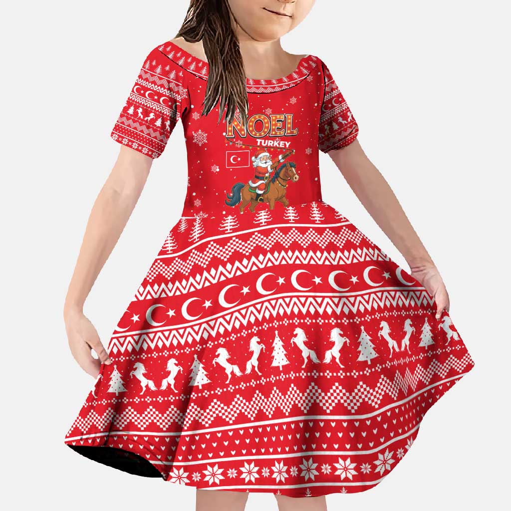 Turkey Christmas Family Matching Off Shoulder Maxi Dress and Hawaiian Shirt with Santa on Horse Red Snowflake Pattern and Crescent Star - Wonder Print Shop