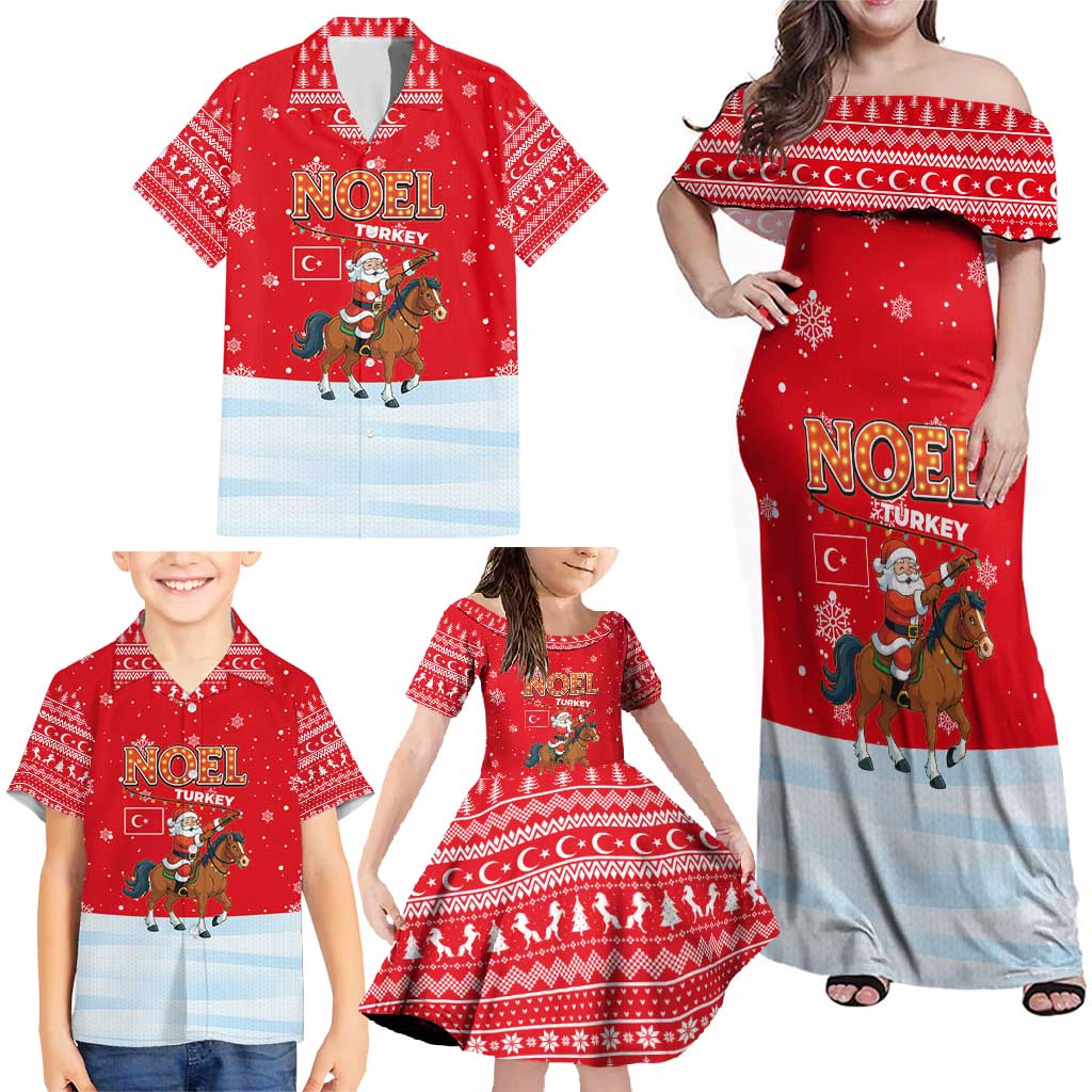 Turkey Christmas Family Matching Off Shoulder Maxi Dress and Hawaiian Shirt with Santa on Horse Red Snowflake Pattern and Crescent Star - Wonder Print Shop