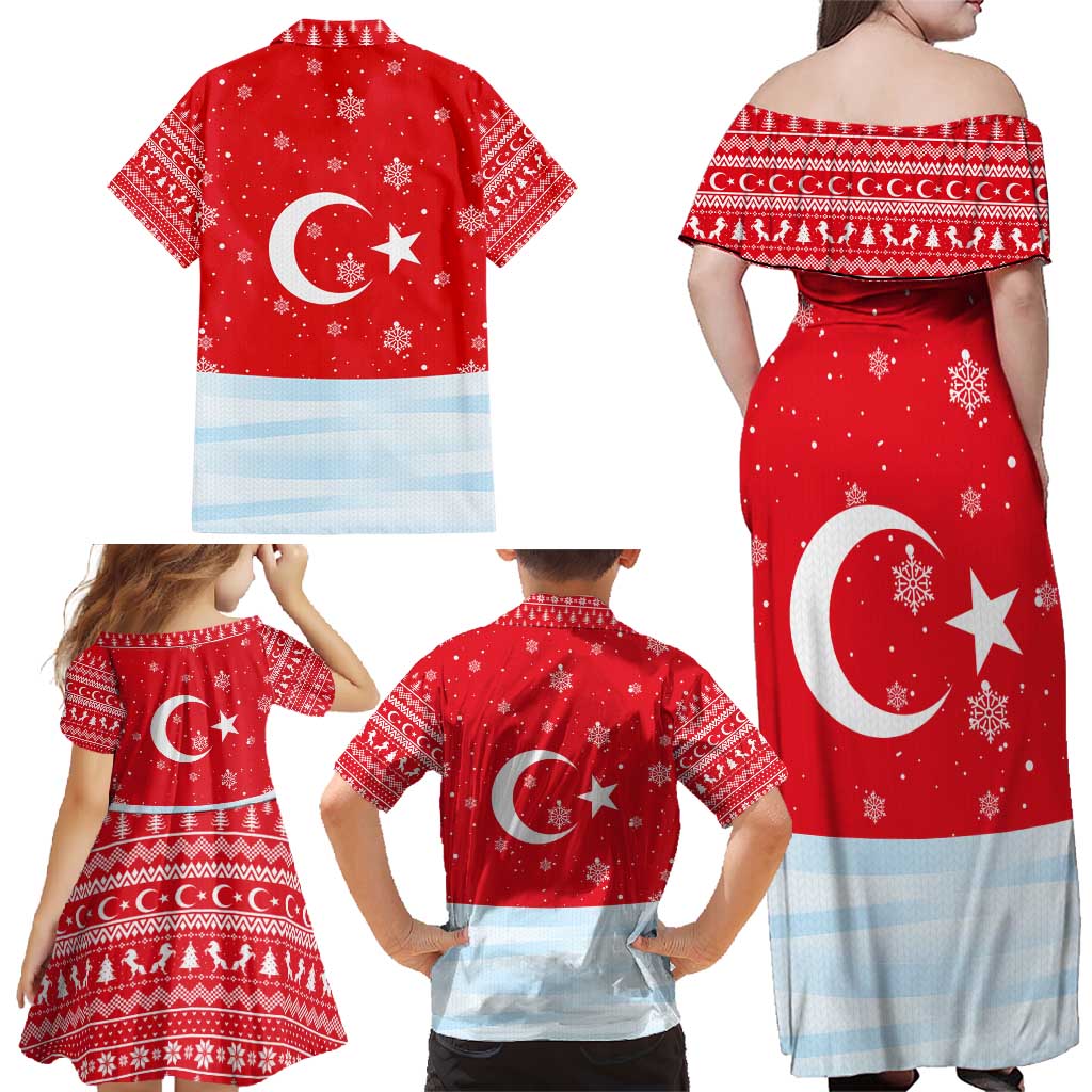 Turkey Christmas Family Matching Off Shoulder Maxi Dress and Hawaiian Shirt with Santa on Horse Red Snowflake Pattern and Crescent Star - Wonder Print Shop