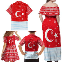 Turkey Christmas Family Matching Off Shoulder Maxi Dress and Hawaiian Shirt with Santa on Horse Red Snowflake Pattern and Crescent Star - Wonder Print Shop