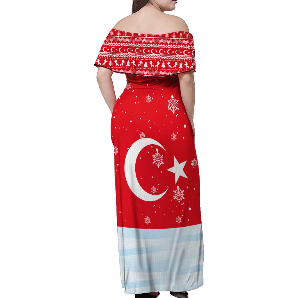 Turkey Christmas Family Matching Off Shoulder Maxi Dress and Hawaiian Shirt with Santa on Horse Red Snowflake Pattern and Crescent Star - Wonder Print Shop