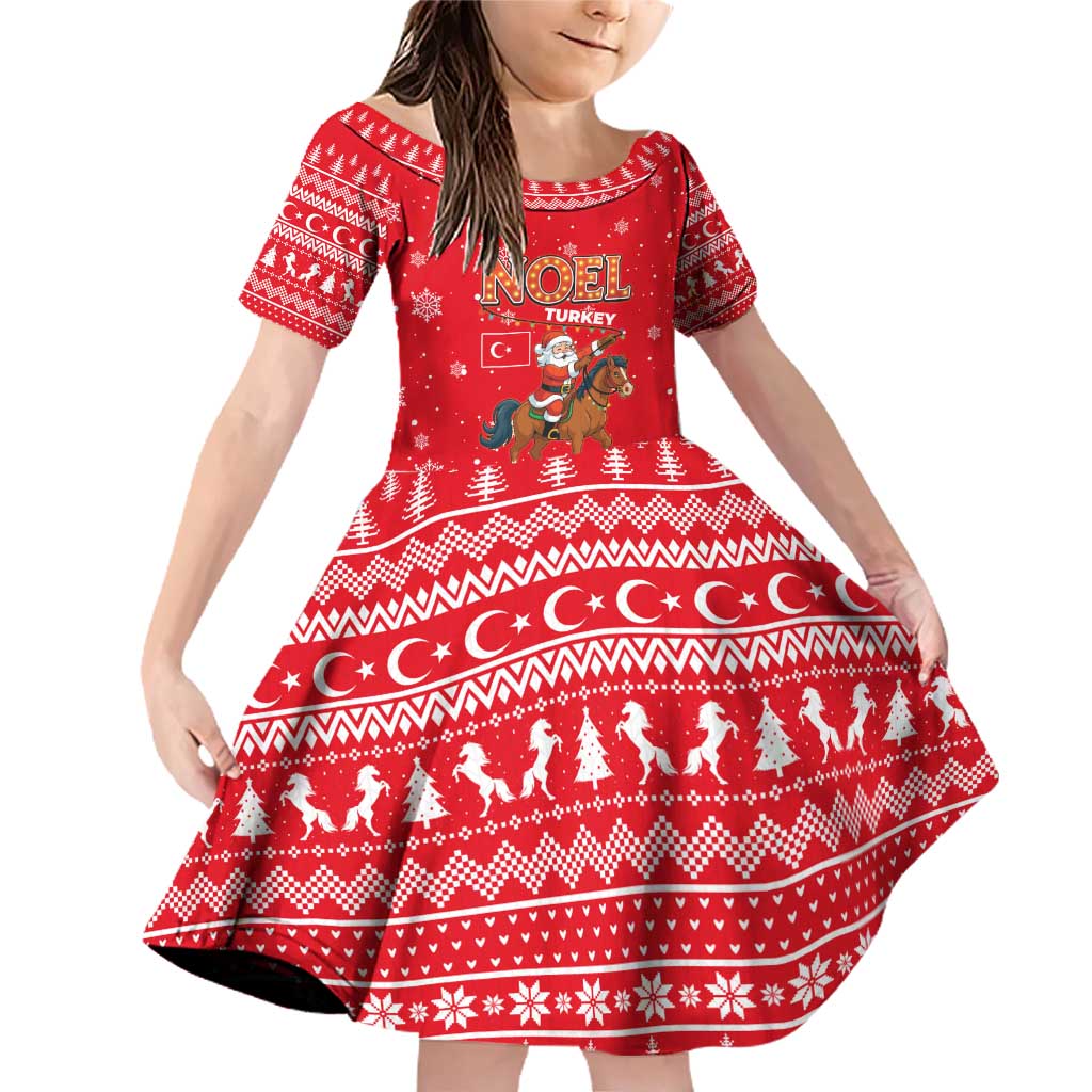 Turkey Christmas Family Matching Off Shoulder Short Dress and Hawaiian Shirt with Santa on Horse Red Snowflake Pattern and Crescent Star - Wonder Print Shop