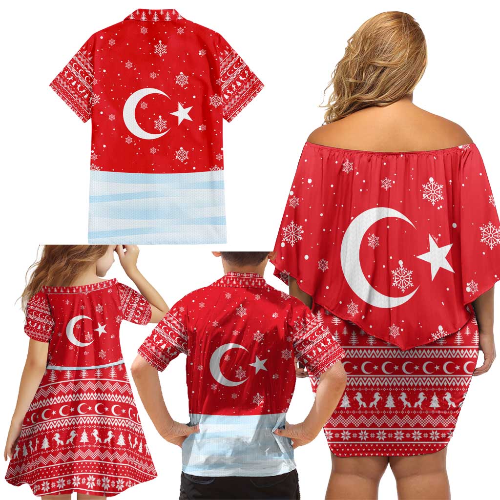 Turkey Christmas Family Matching Off Shoulder Short Dress and Hawaiian Shirt with Santa on Horse Red Snowflake Pattern and Crescent Star - Wonder Print Shop