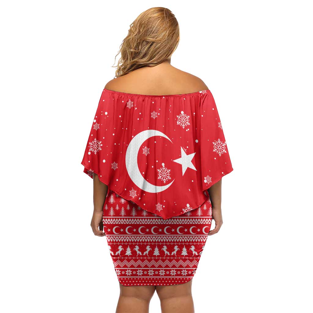 Turkey Christmas Family Matching Off Shoulder Short Dress and Hawaiian Shirt with Santa on Horse Red Snowflake Pattern and Crescent Star - Wonder Print Shop
