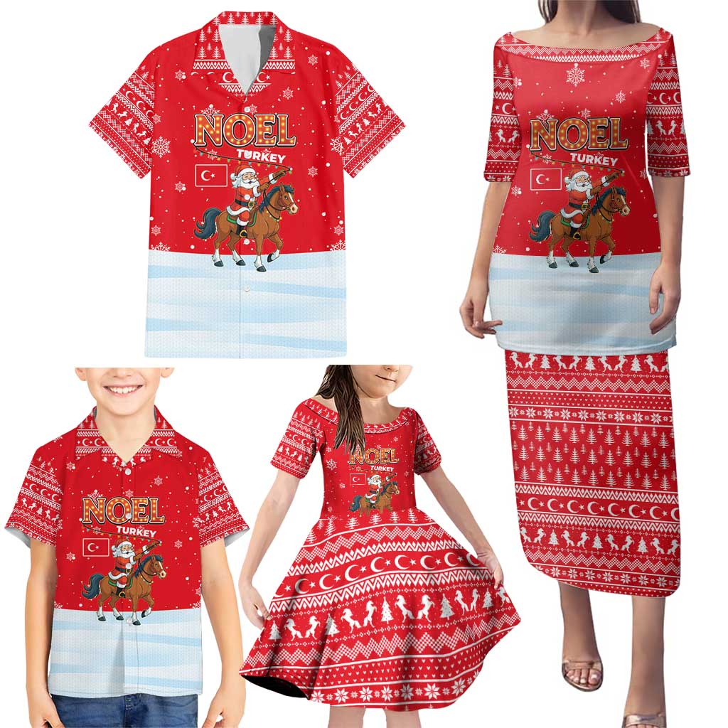 Turkey Christmas Family Matching Puletasi and Hawaiian Shirt with Santa on Horse Red Snowflake Pattern and Crescent Star - Wonder Print Shop