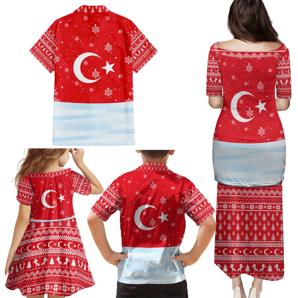Turkey Christmas Family Matching Puletasi and Hawaiian Shirt with Santa on Horse Red Snowflake Pattern and Crescent Star - Wonder Print Shop