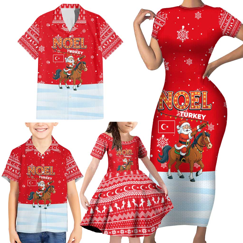 Turkey Christmas Family Matching Short Sleeve Bodycon Dress and Hawaiian Shirt with Santa on Horse Red Snowflake Pattern and Crescent Star - Wonder Print Shop