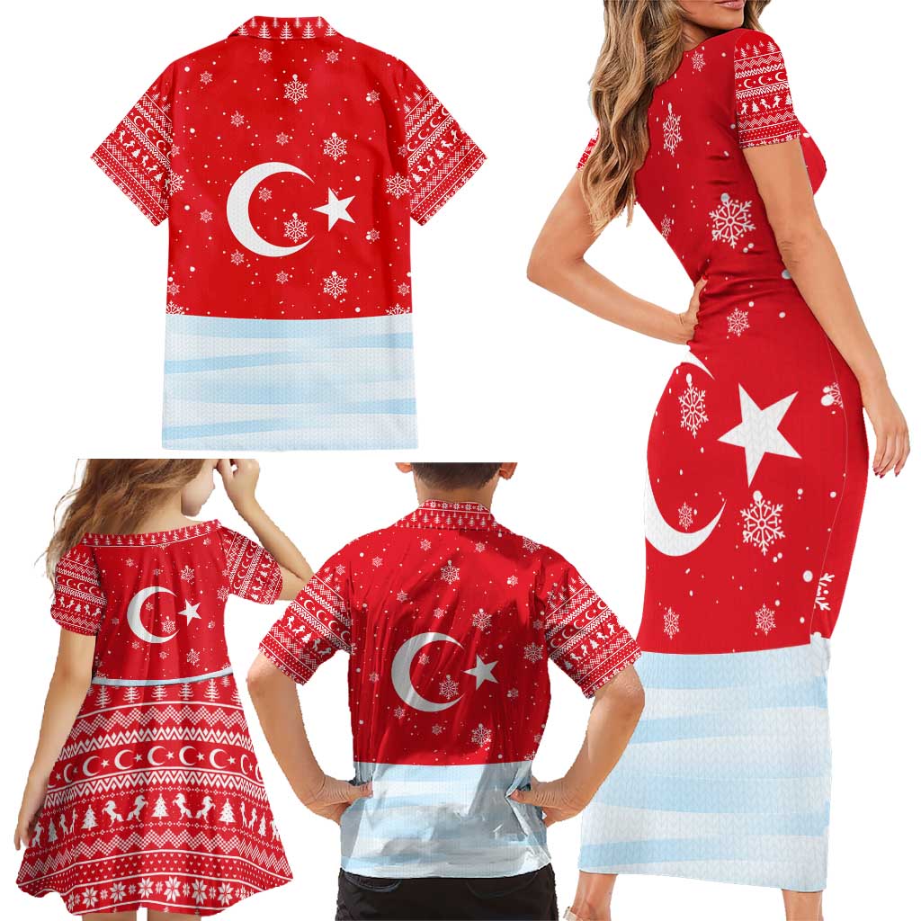Turkey Christmas Family Matching Short Sleeve Bodycon Dress and Hawaiian Shirt with Santa on Horse Red Snowflake Pattern and Crescent Star - Wonder Print Shop